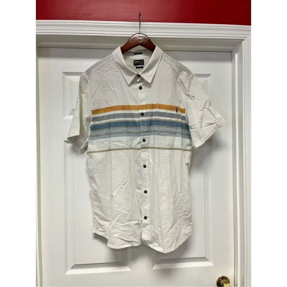 O’Neill Classic Fit Cream Striped Bowling Button Down Short Sleeve Shirt sz XXL
